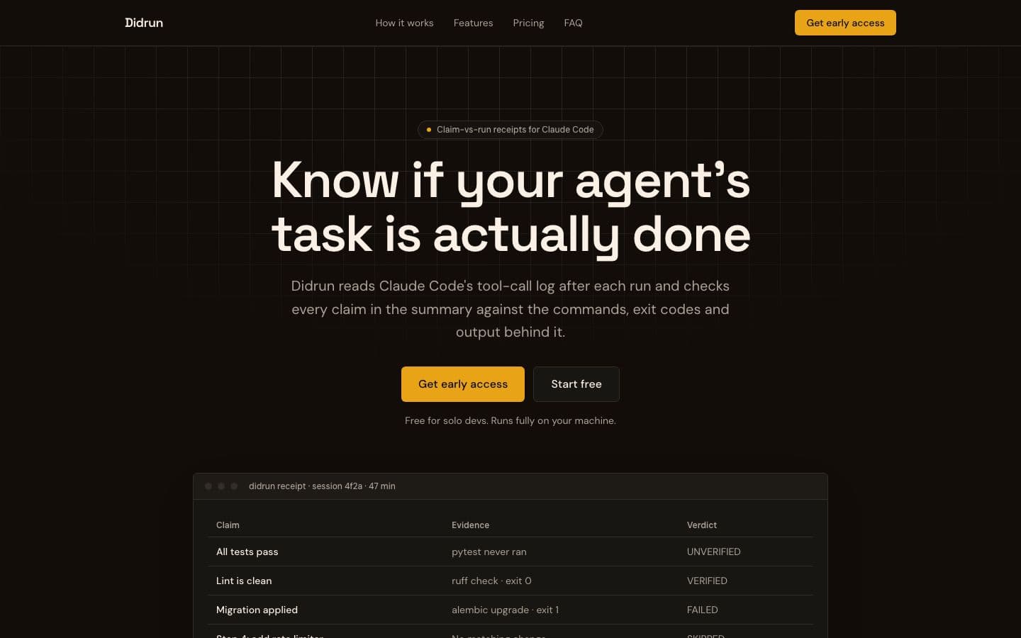 Didrun landing page example for the Agent Done Checker idea, desktop
