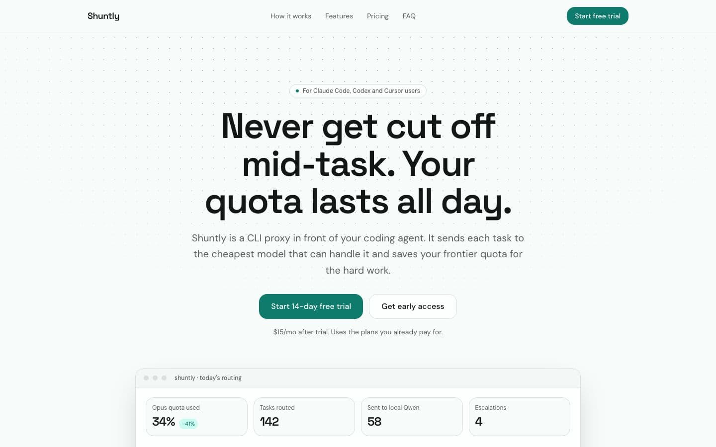 Shuntly landing page example for the Coding Model Router idea, desktop