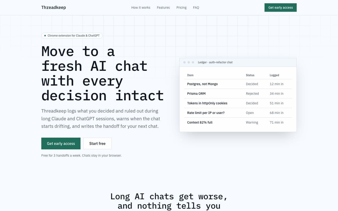Threadkeep landing page example for the Long Chat Handoff Tool idea, desktop