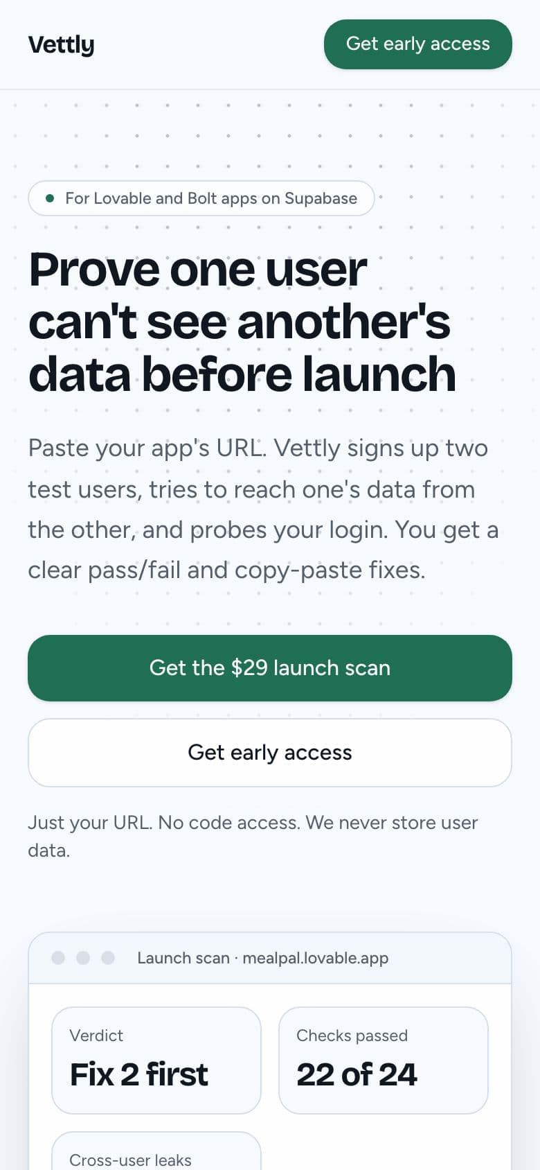 Vettly landing page example for the Security Check for AI Apps idea, phone