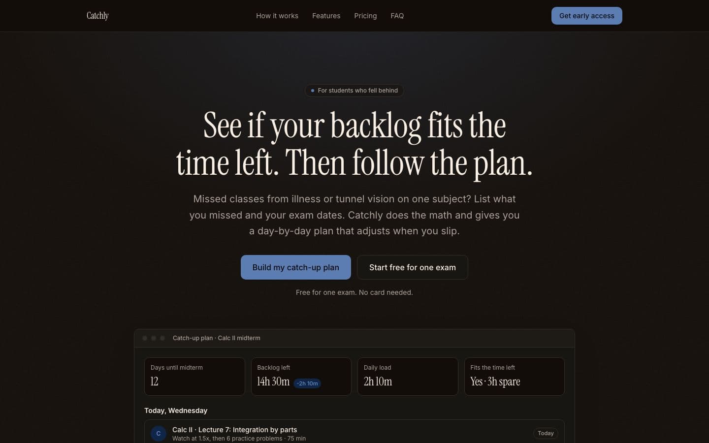 Catchly landing page example for the Catch-Up Study Planner idea, desktop