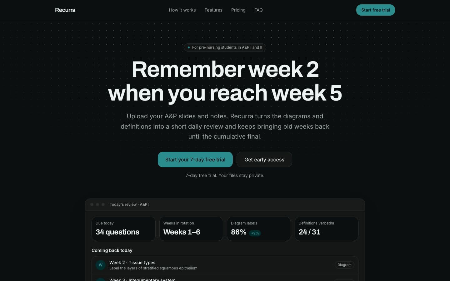 Recurra landing page example for the Course Review Scheduler idea, desktop