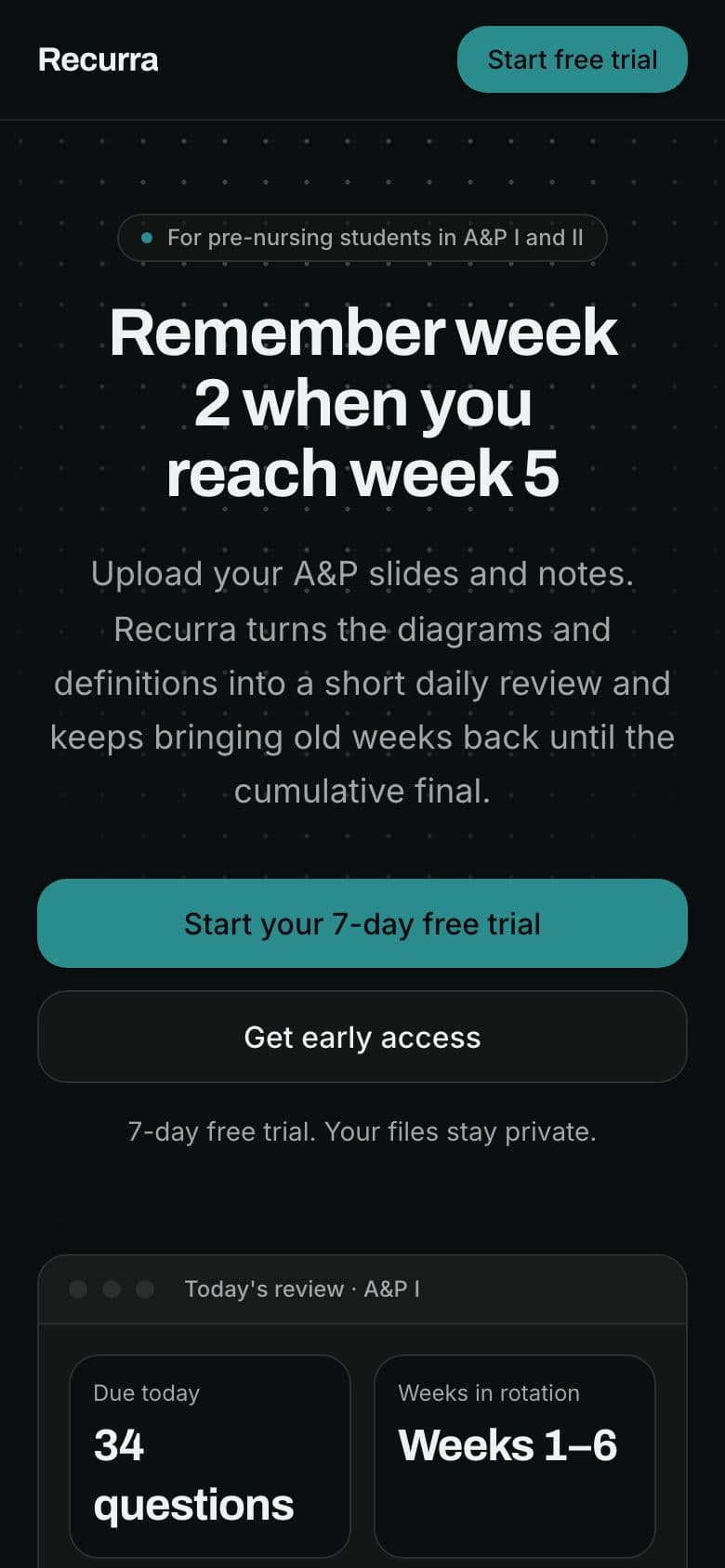 Recurra landing page example for the Course Review Scheduler idea, phone