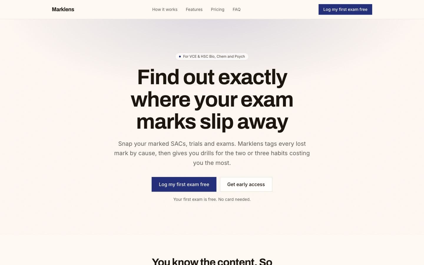 Marklens landing page example for the Exam Mistake Analyzer idea, desktop