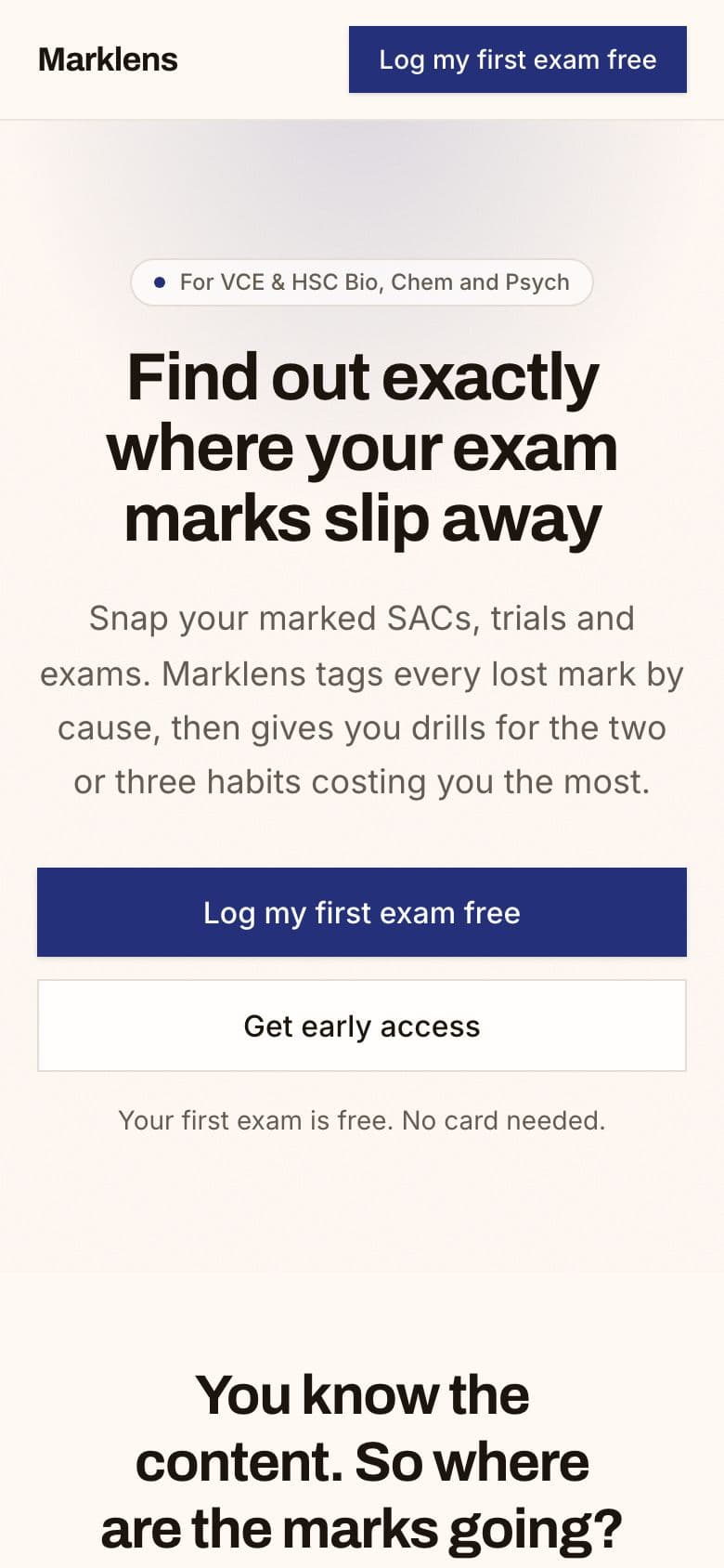 Marklens landing page example for the Exam Mistake Analyzer idea, phone