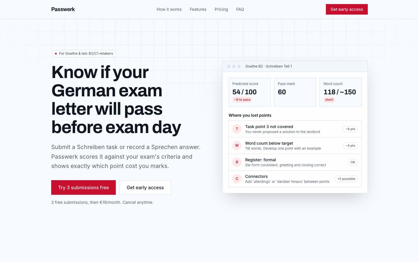 Passwerk landing page example for the Exam Writing and Speaking Grader idea, desktop
