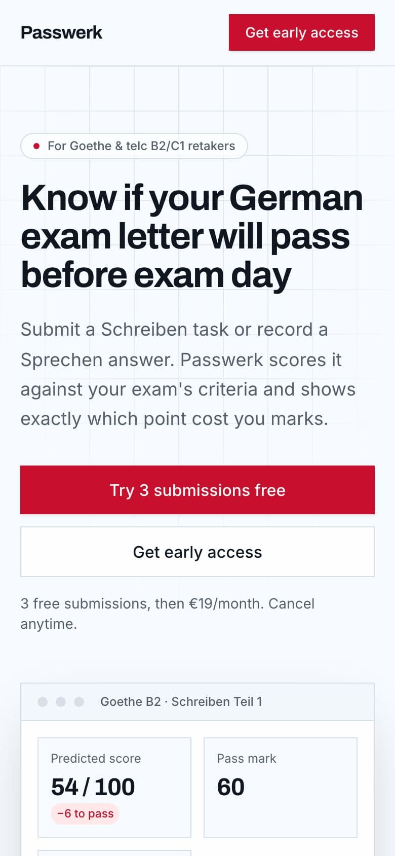 Passwerk landing page example for the Exam Writing and Speaking Grader idea, phone