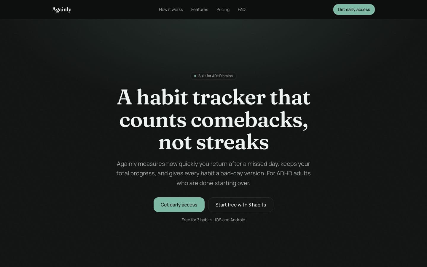 Againly landing page example for the Forgiving Habit Tracker idea, desktop