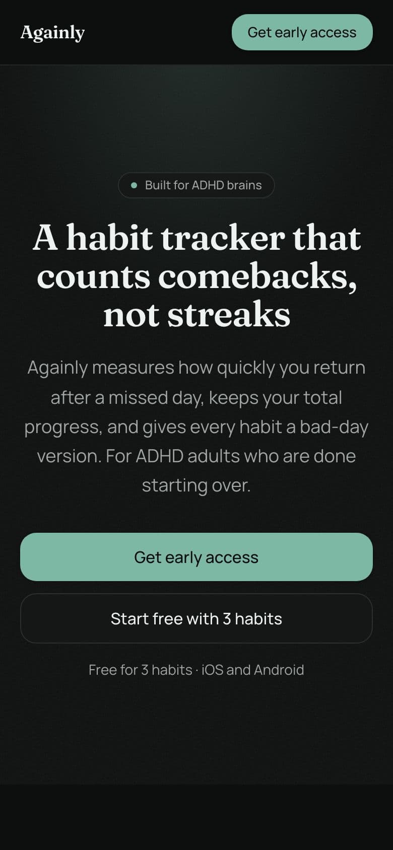 Againly landing page example for the Forgiving Habit Tracker idea, phone