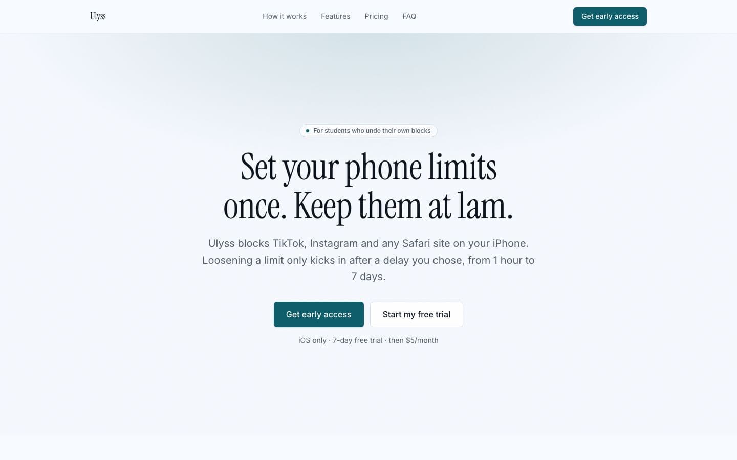 Ulyss landing page example for the Hard-to-Override Phone Blocker idea, desktop