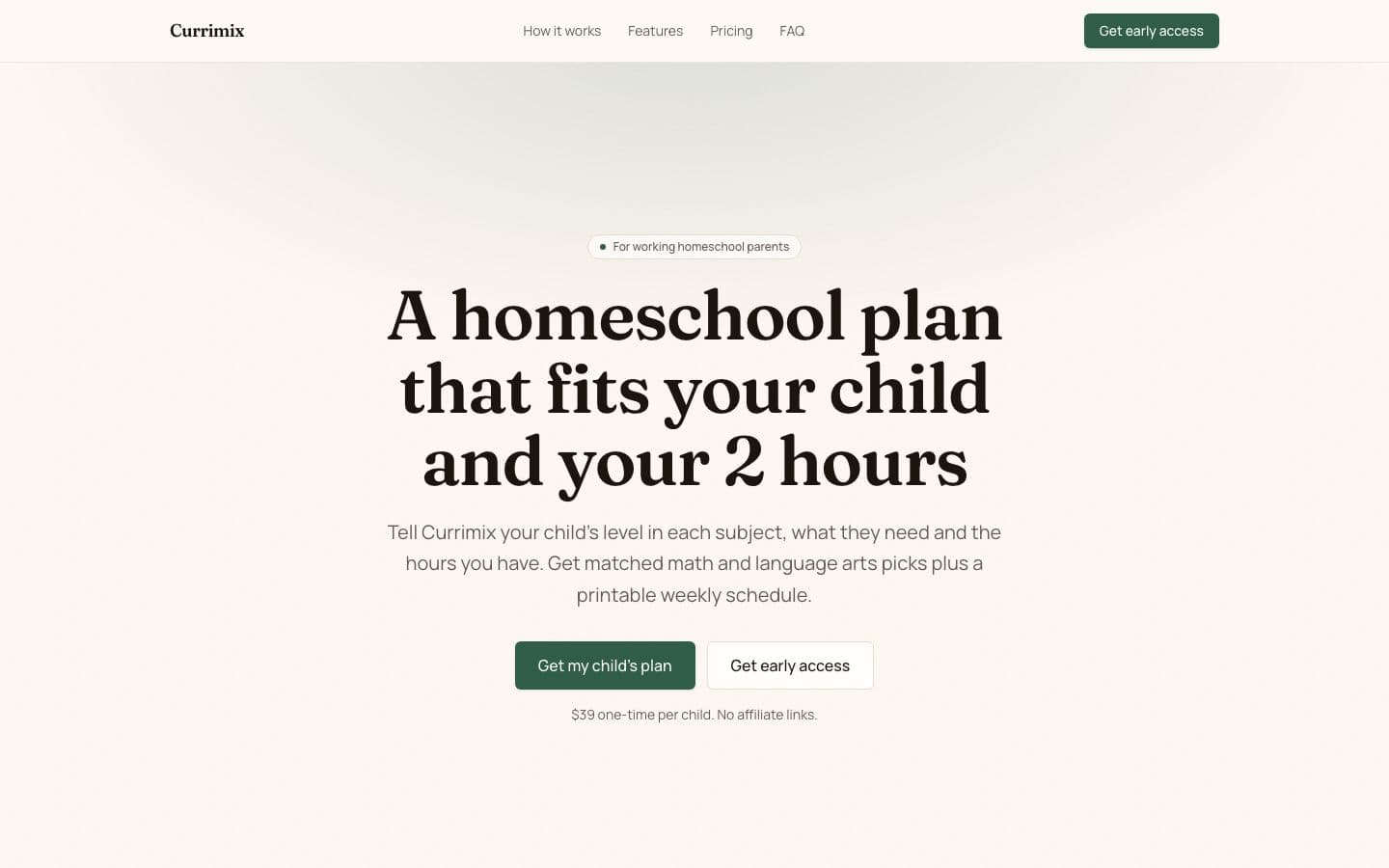 Currimix landing page example for the Homeschool Curriculum Matcher idea, desktop