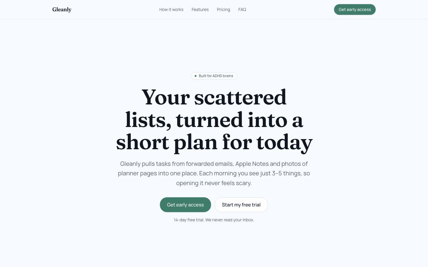Gleanly landing page example for the One Inbox Task List idea, desktop