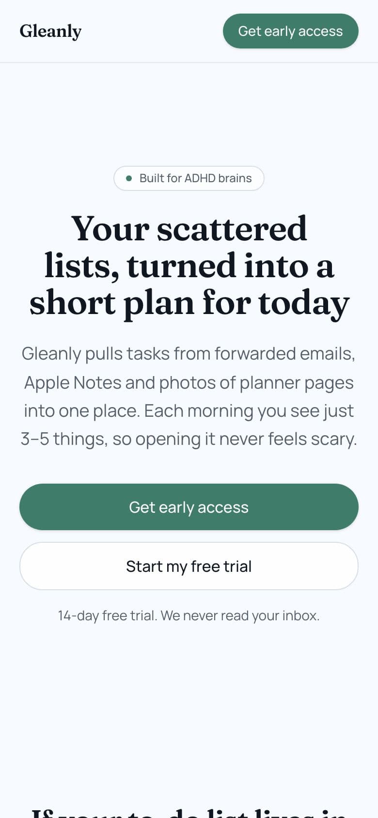 Gleanly landing page example for the One Inbox Task List idea, phone
