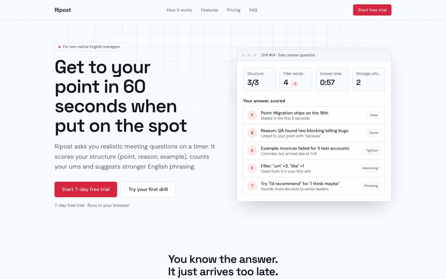 Ripost landing page example for the Spot Speaking Practice Coach idea, desktop