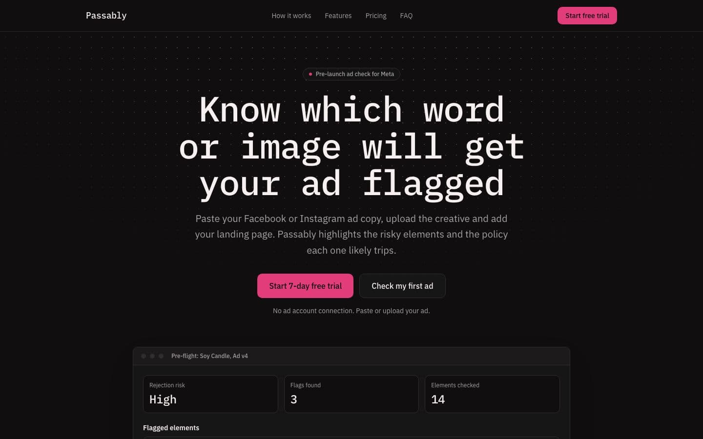 Passably landing page example for the Ad Policy Pre-Check idea, desktop
