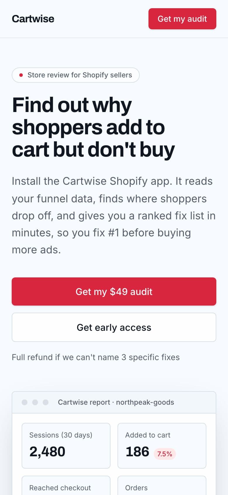 Cartwise landing page example for the Store Conversion Audit idea, phone