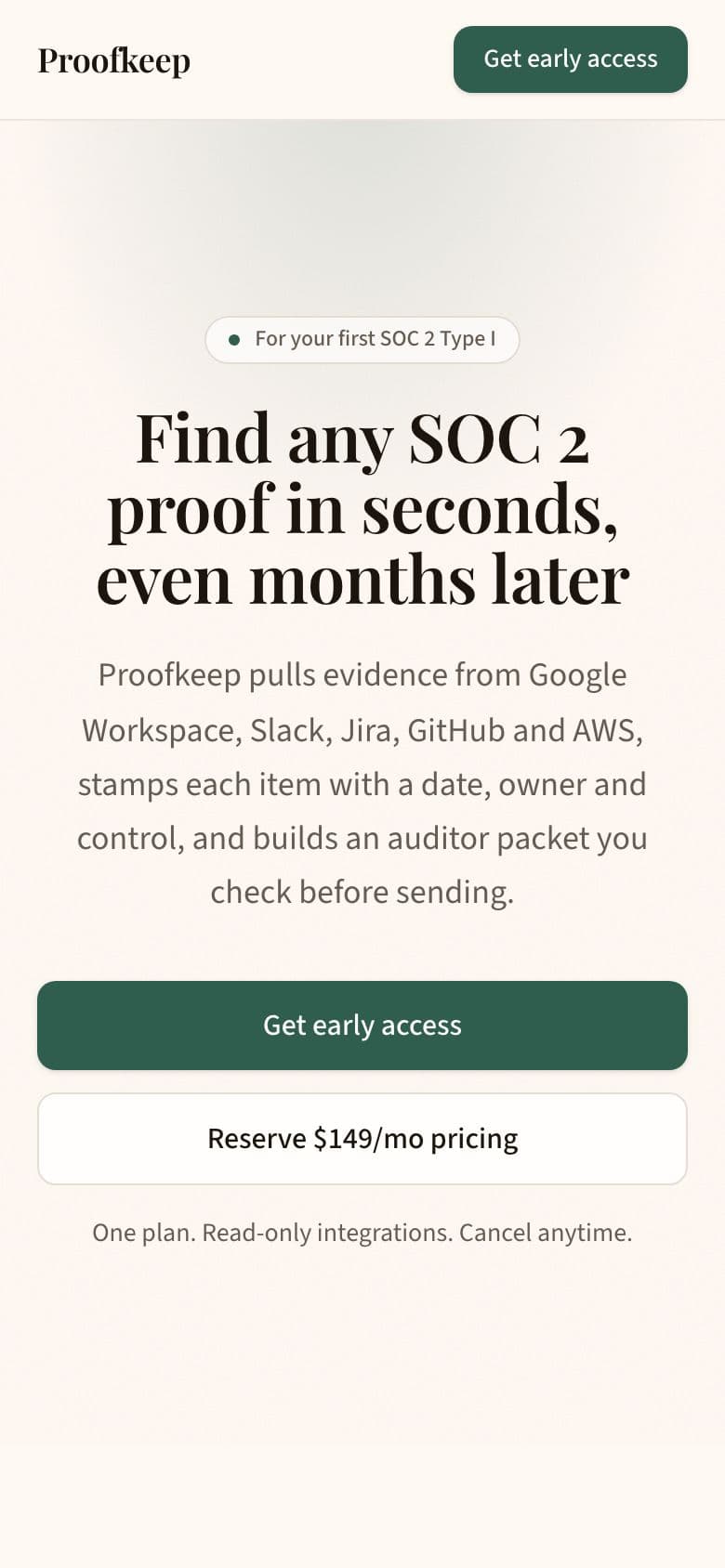 Proofkeep landing page example for the Compliance Evidence Collector idea, phone