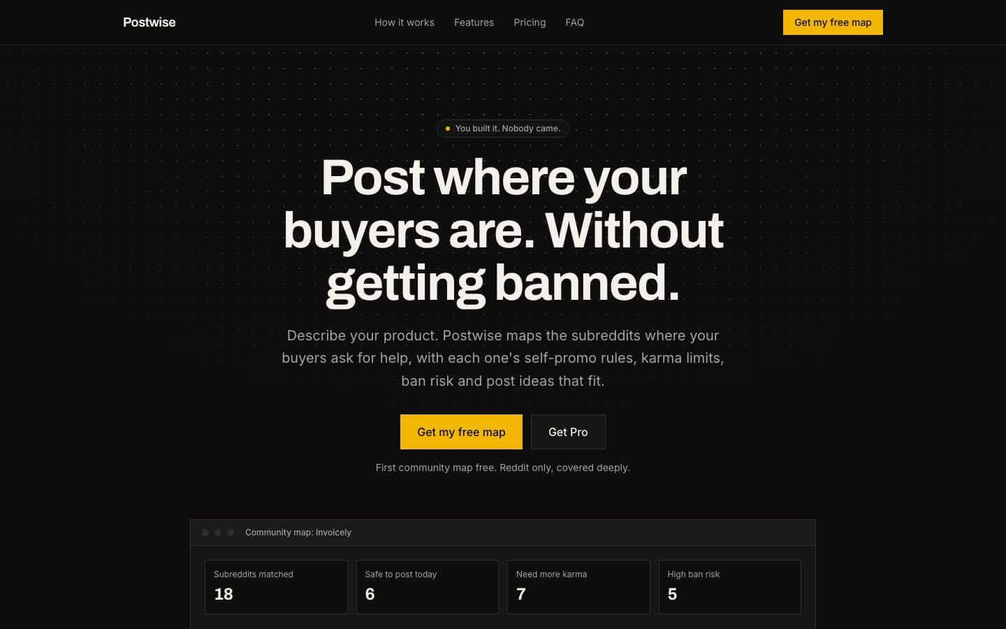 Postwise landing page example for the First Customers Finder idea, desktop