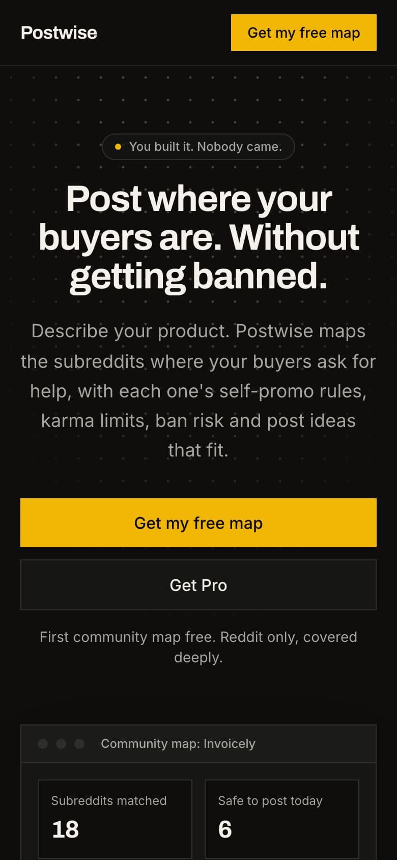 Postwise landing page example for the First Customers Finder idea, phone