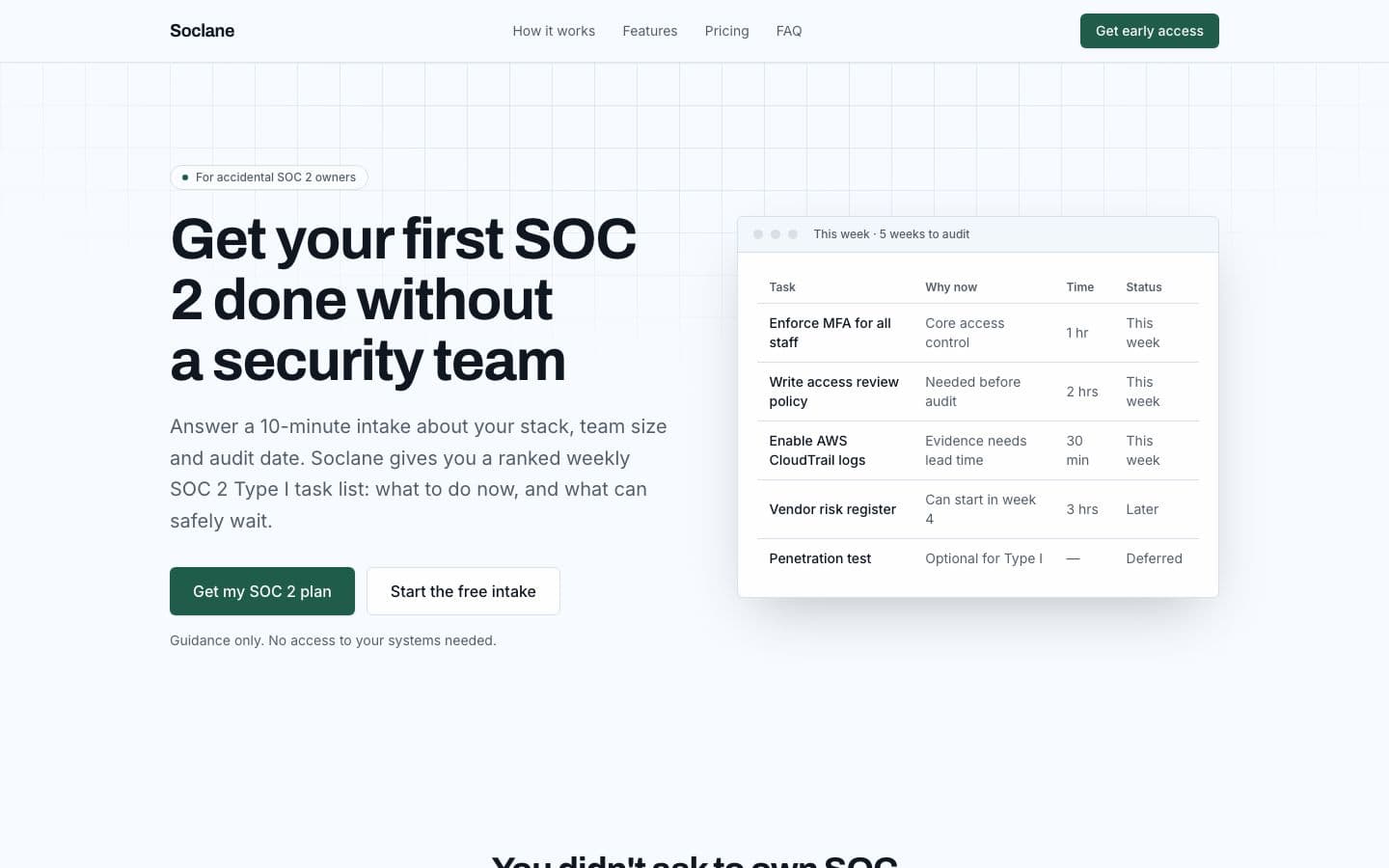Soclane landing page example for the First SOC 2 Starter Kit idea, desktop