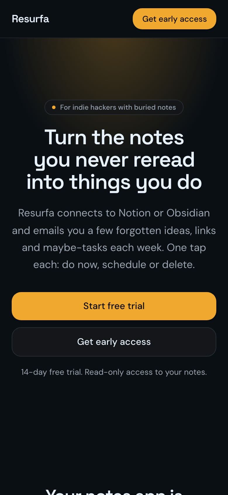 Resurfa landing page example for the Old Notes Resurfacer idea, phone