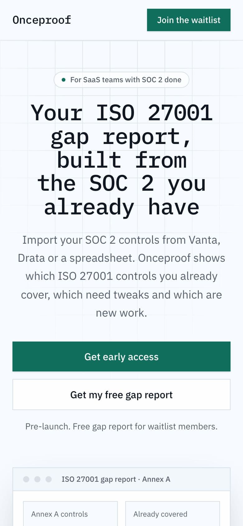 Onceproof landing page example for the One Control Set, Many Frameworks idea, phone