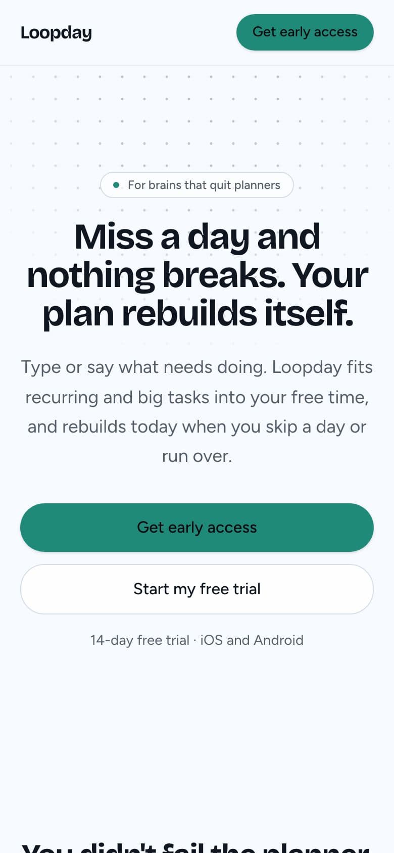 Loopday landing page example for the Planner That Maintains Itself idea, phone