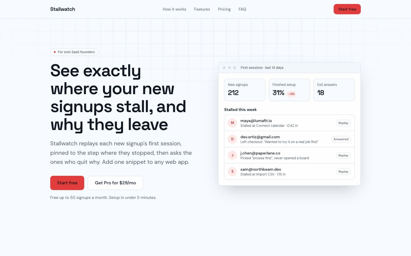Stallwatch landing page example for the Signup Drop-off Diagnosis idea, desktop