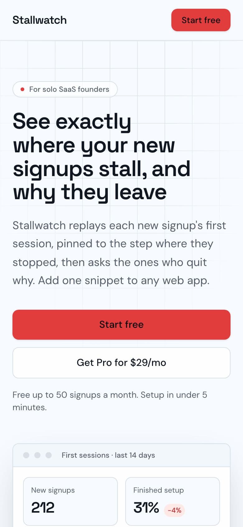 Stallwatch landing page example for the Signup Drop-off Diagnosis idea, phone