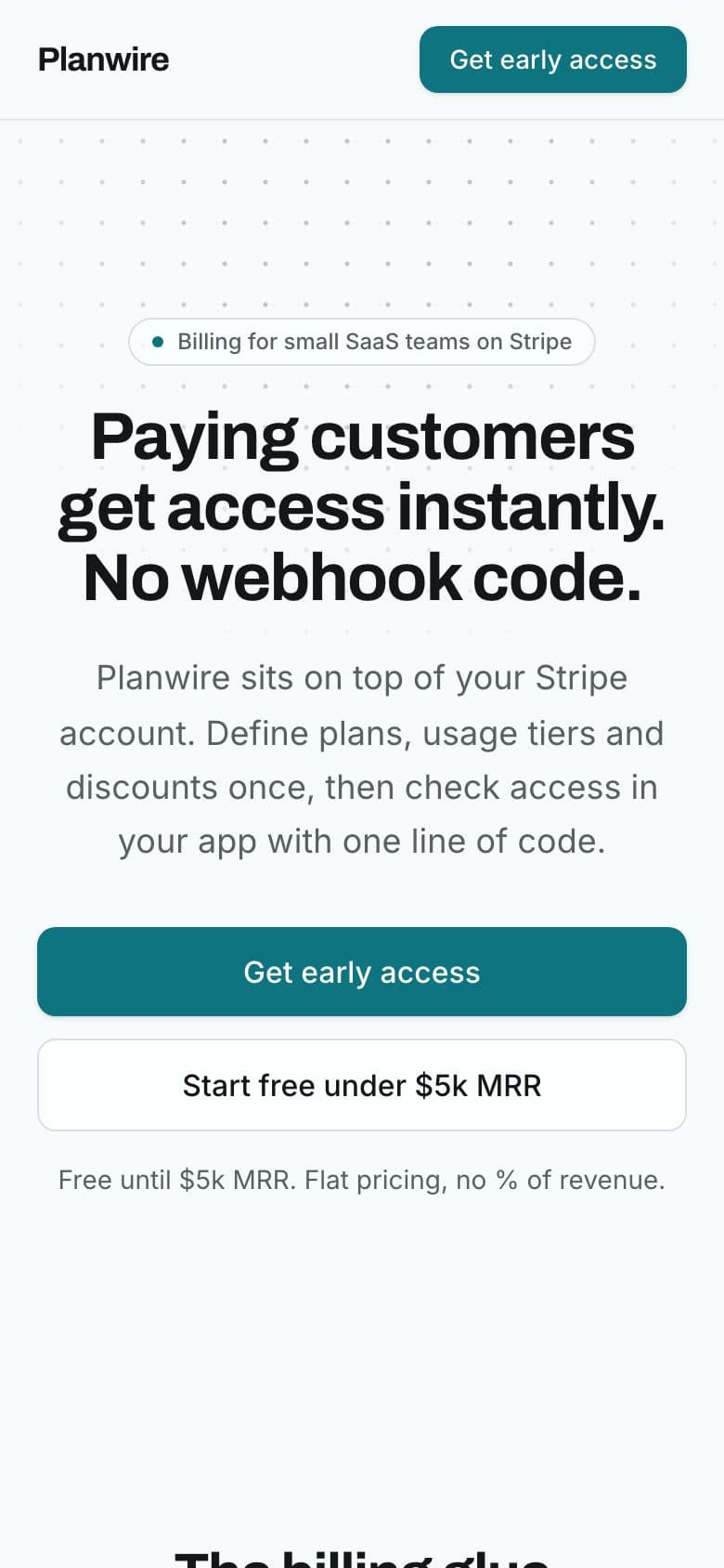 Planwire landing page example for the Simple SaaS Billing Setup idea, phone