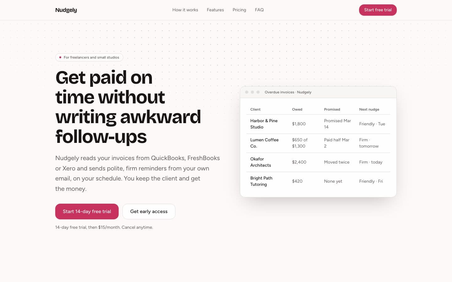 Nudgely landing page example for the Late Invoice Chaser idea, desktop