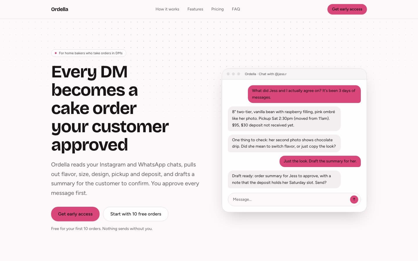 Ordella landing page example for the Message Orders Inbox idea, desktop
