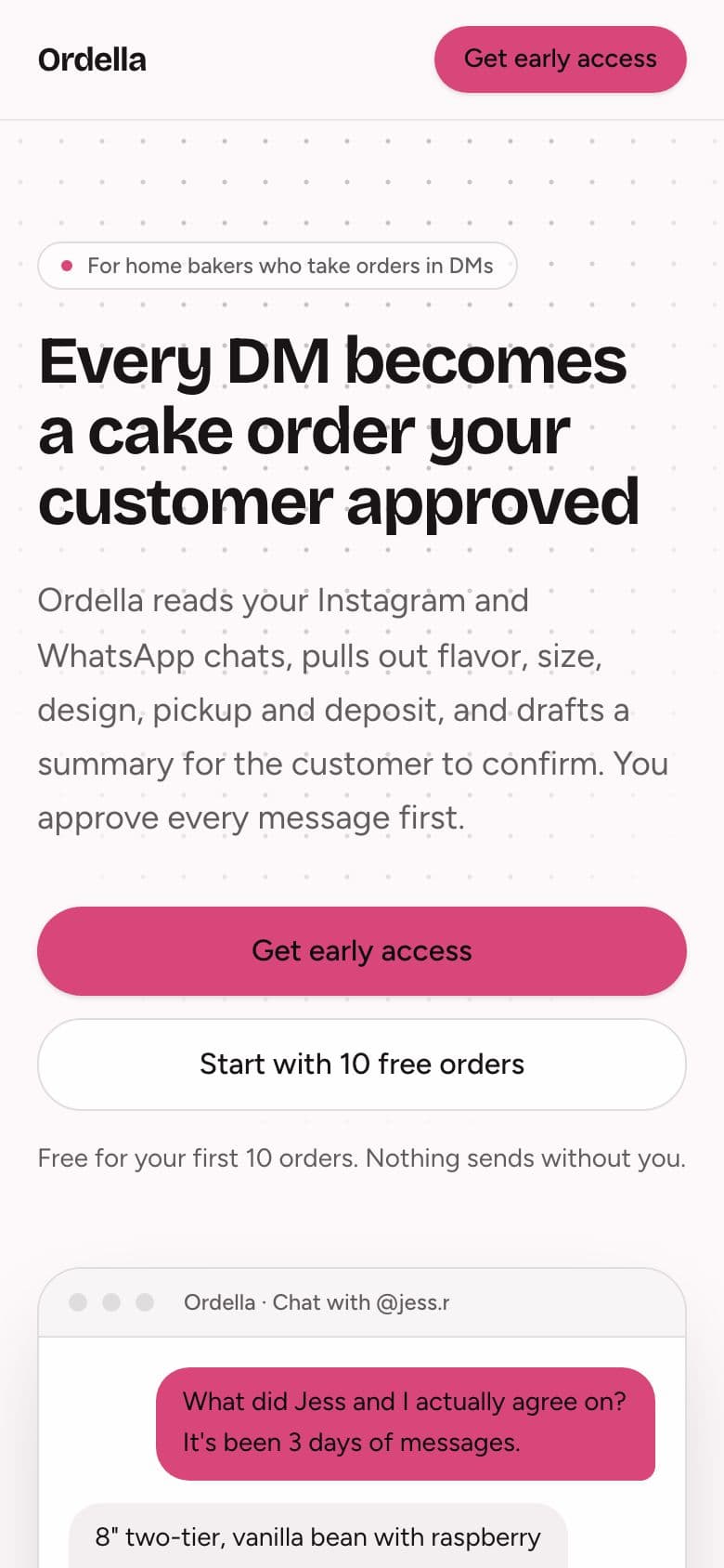 Ordella landing page example for the Message Orders Inbox idea, phone