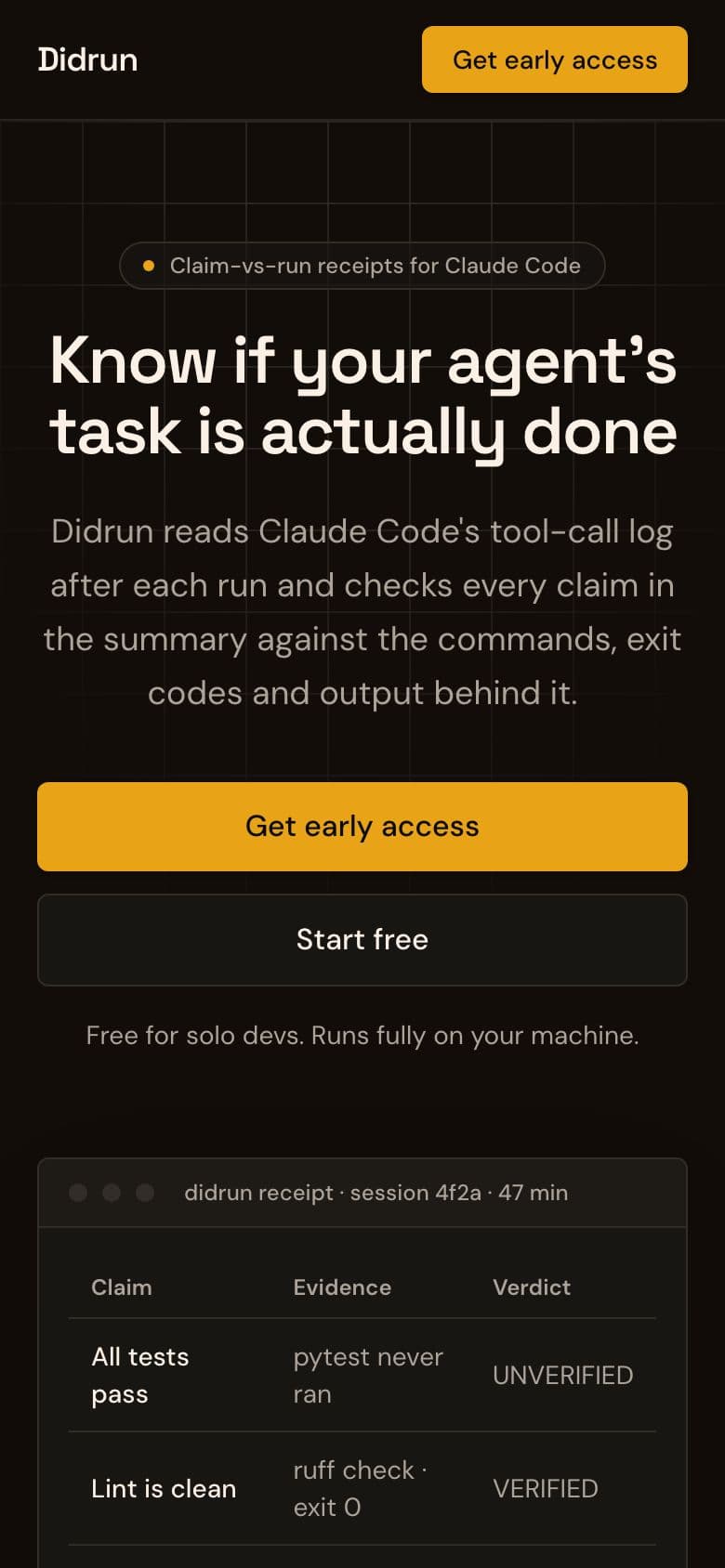 Didrun landing page example for the Agent Done Checker idea, phone