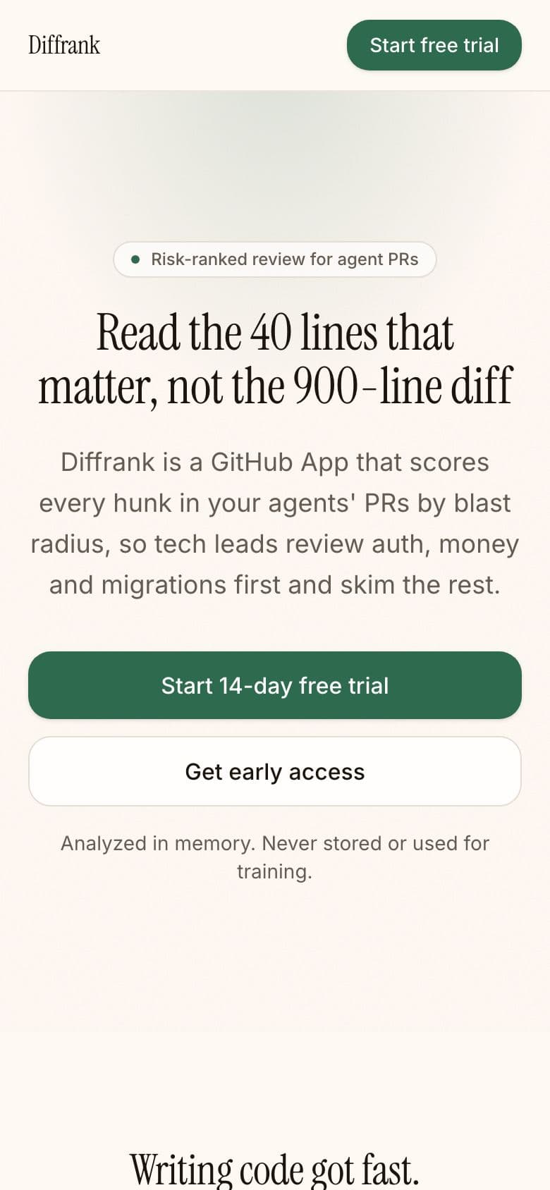 Diffrank landing page example for the AI Code Review Queue idea, phone
