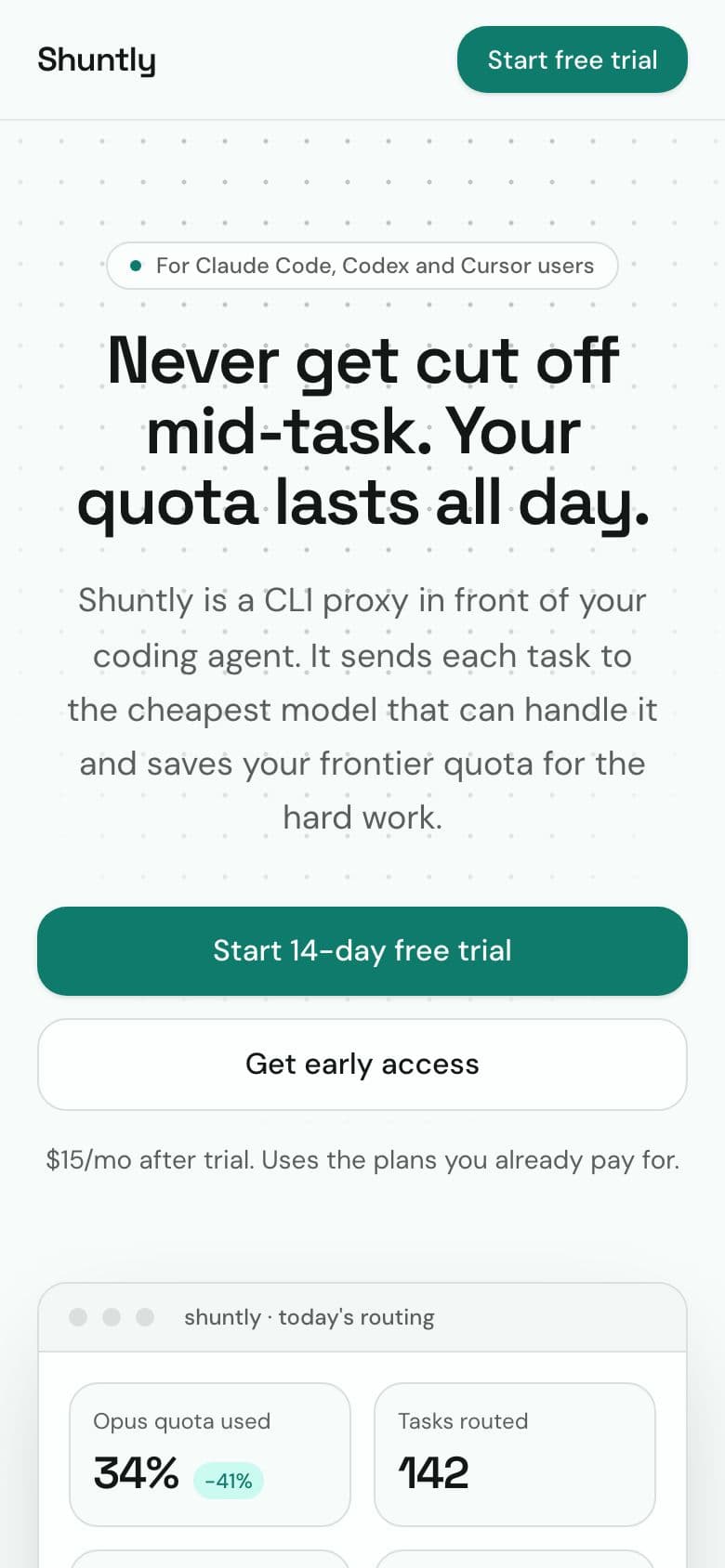 Shuntly landing page example for the Coding Model Router idea, phone