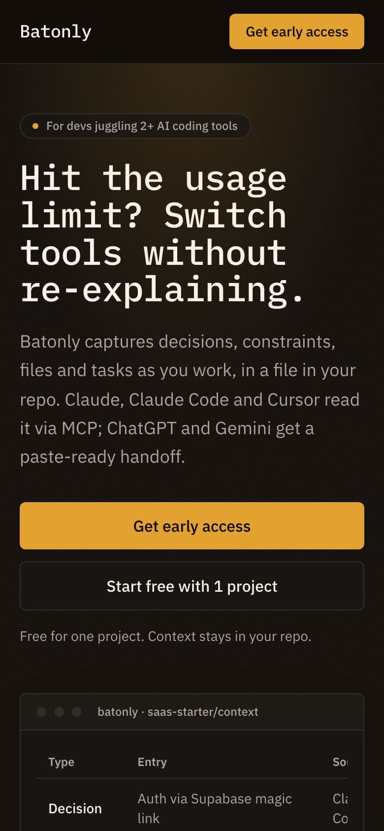 Batonly landing page example for the Cross-Tool Context Sync idea, phone