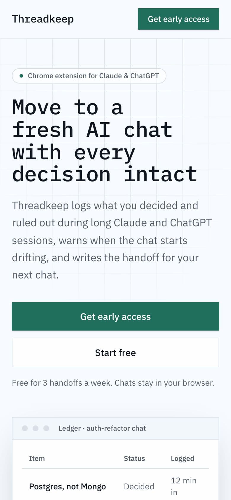 Threadkeep landing page example for the Long Chat Handoff Tool idea, phone