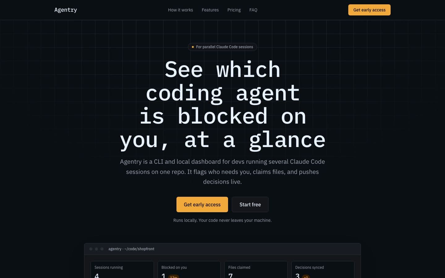 Agentry landing page example for the Parallel Agent Control Board idea, desktop