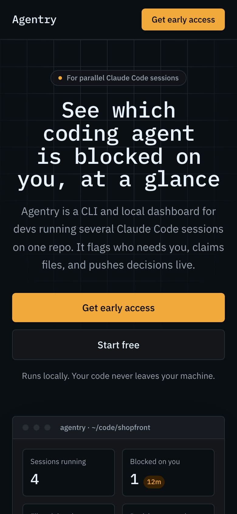 Agentry landing page example for the Parallel Agent Control Board idea, phone
