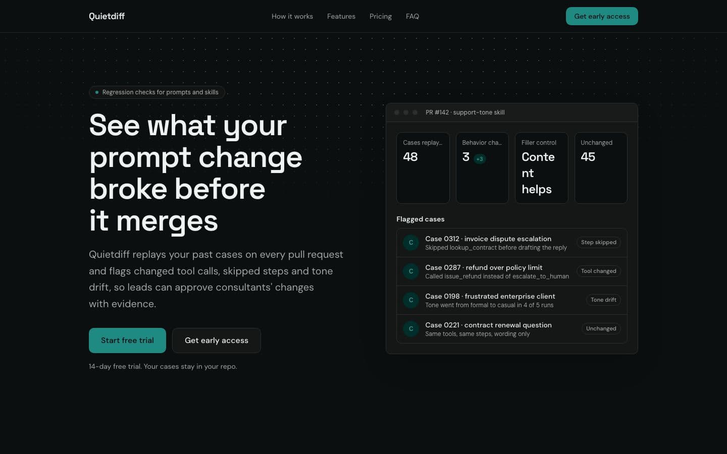 Quietdiff landing page example for the Prompt and Skill Regression Tests idea, desktop