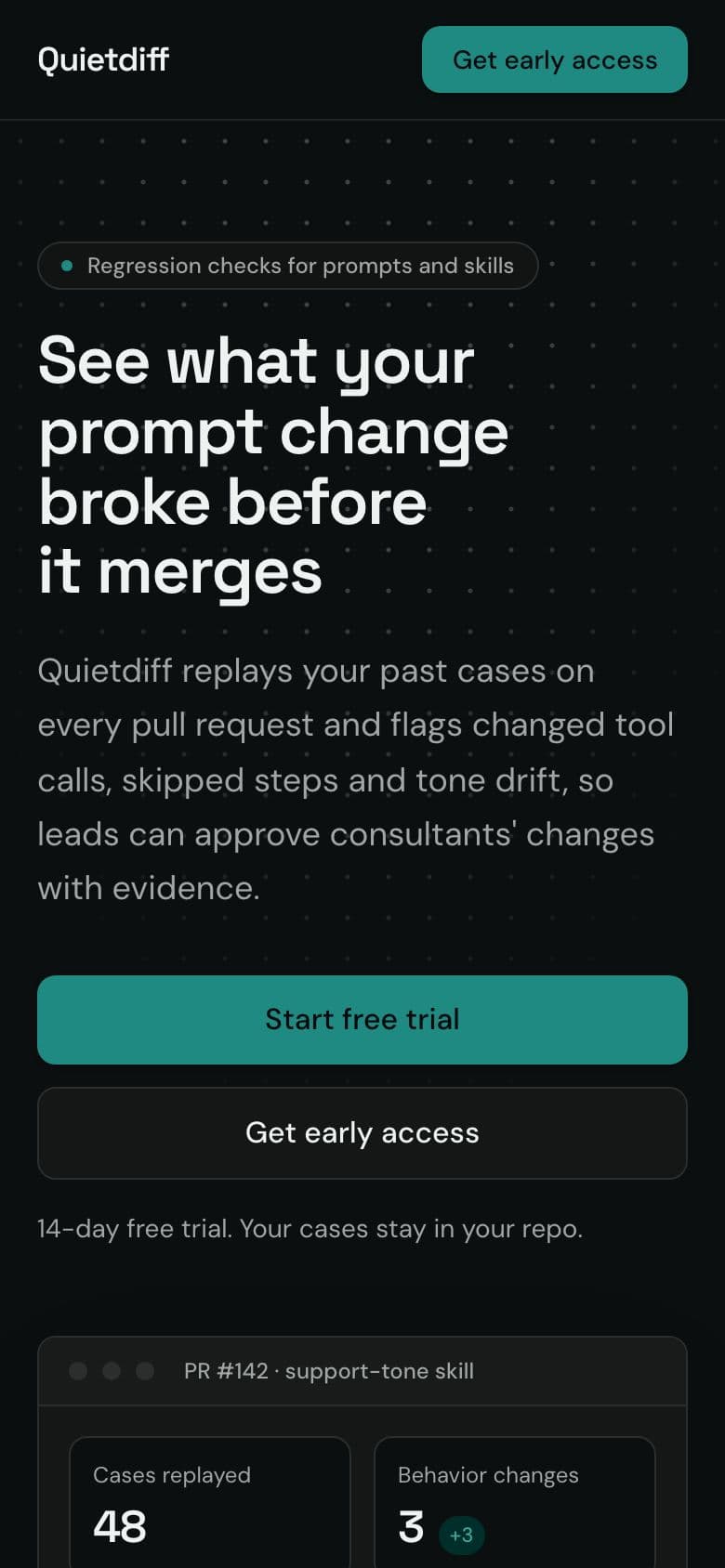 Quietdiff landing page example for the Prompt and Skill Regression Tests idea, phone