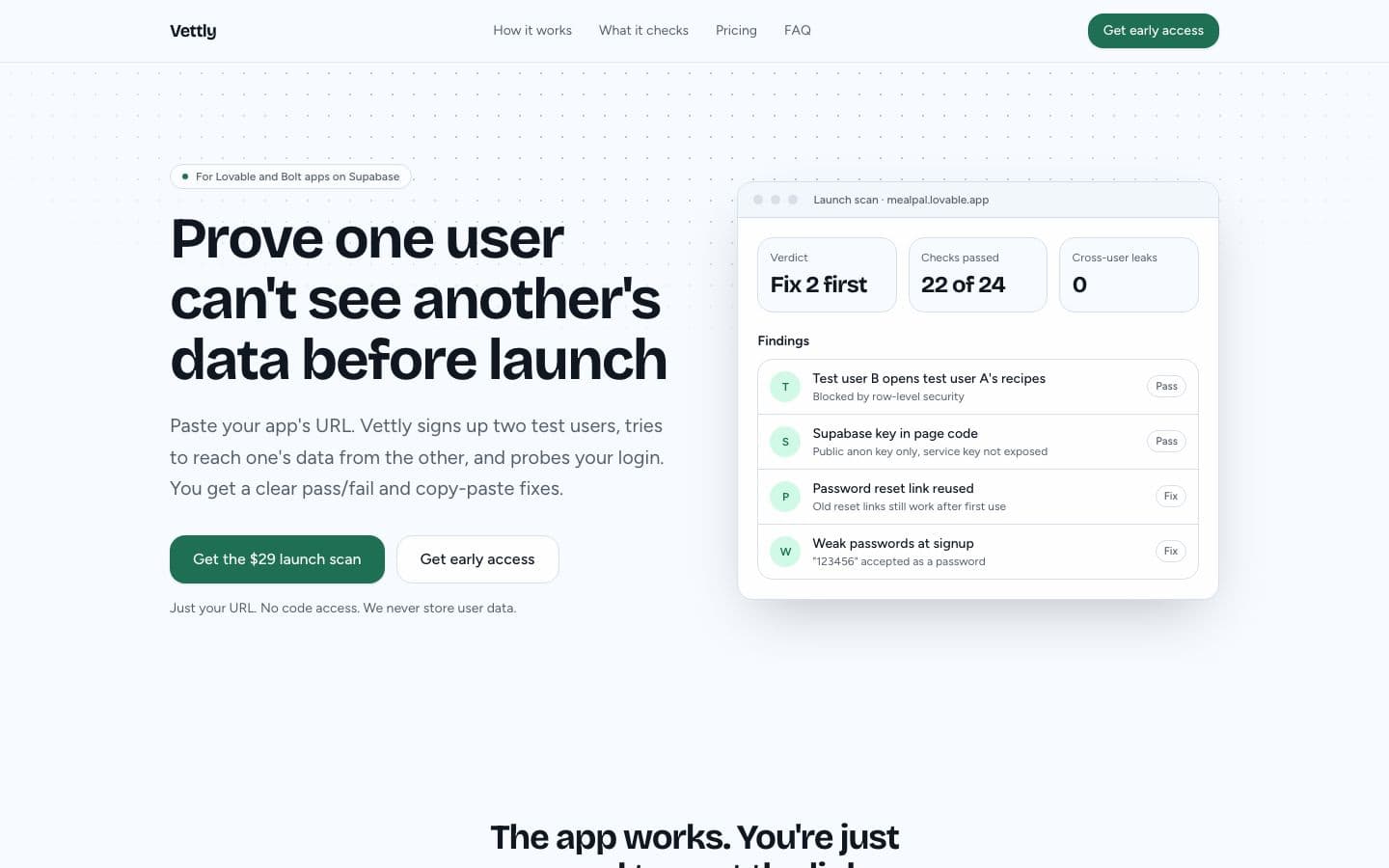 Vettly landing page example for the Security Check for AI Apps idea, desktop