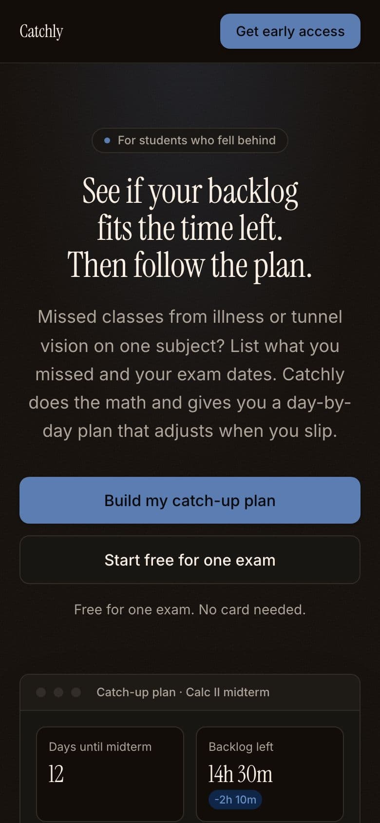 Catchly landing page example for the Catch-Up Study Planner idea, phone
