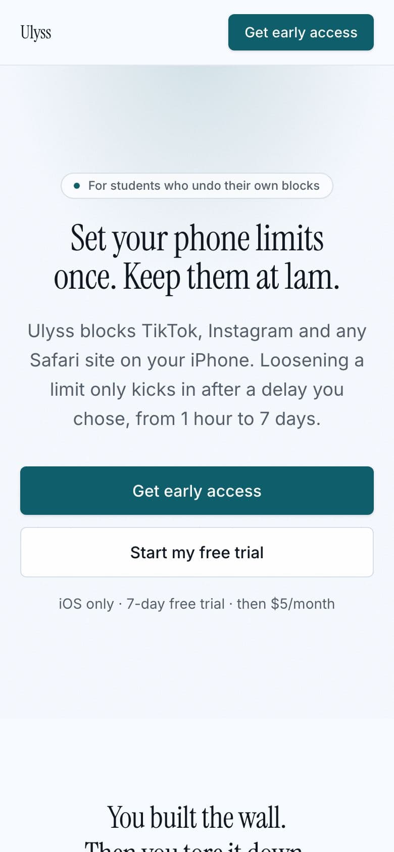 Ulyss landing page example for the Hard-to-Override Phone Blocker idea, phone
