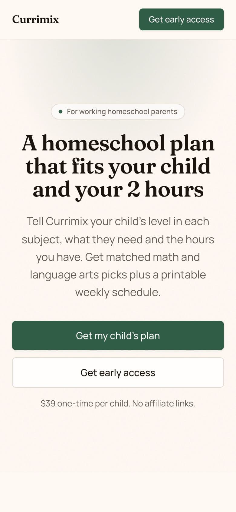 Currimix landing page example for the Homeschool Curriculum Matcher idea, phone