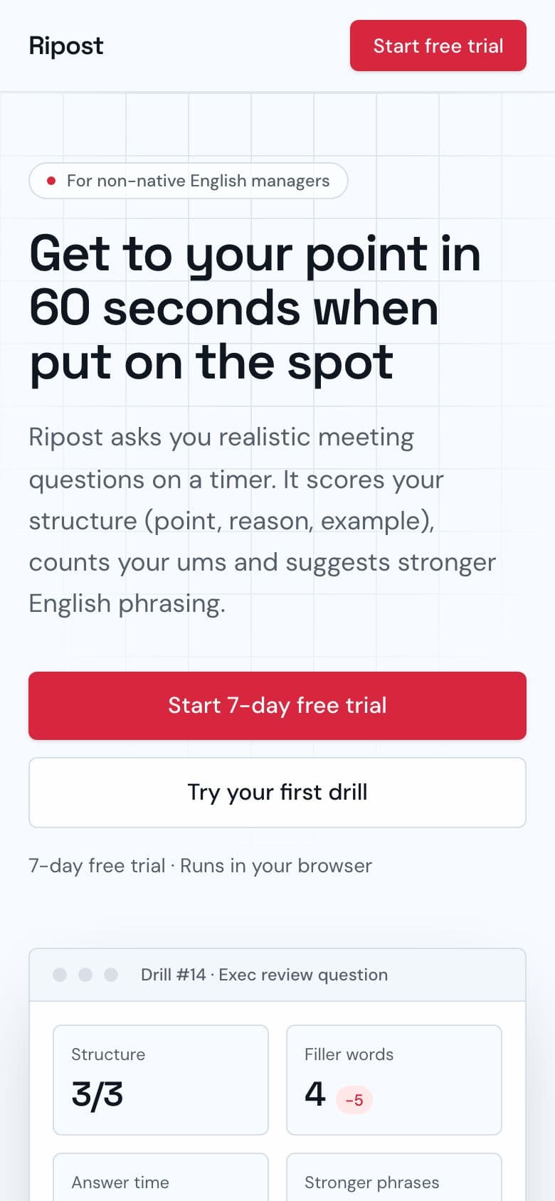 Ripost landing page example for the Spot Speaking Practice Coach idea, phone
