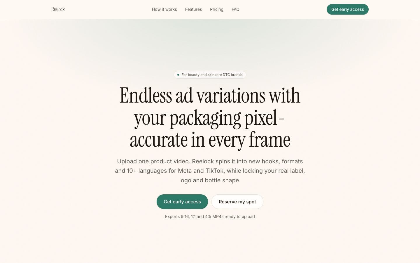 Reelock landing page example for the Ad Creative Volume Studio idea, desktop