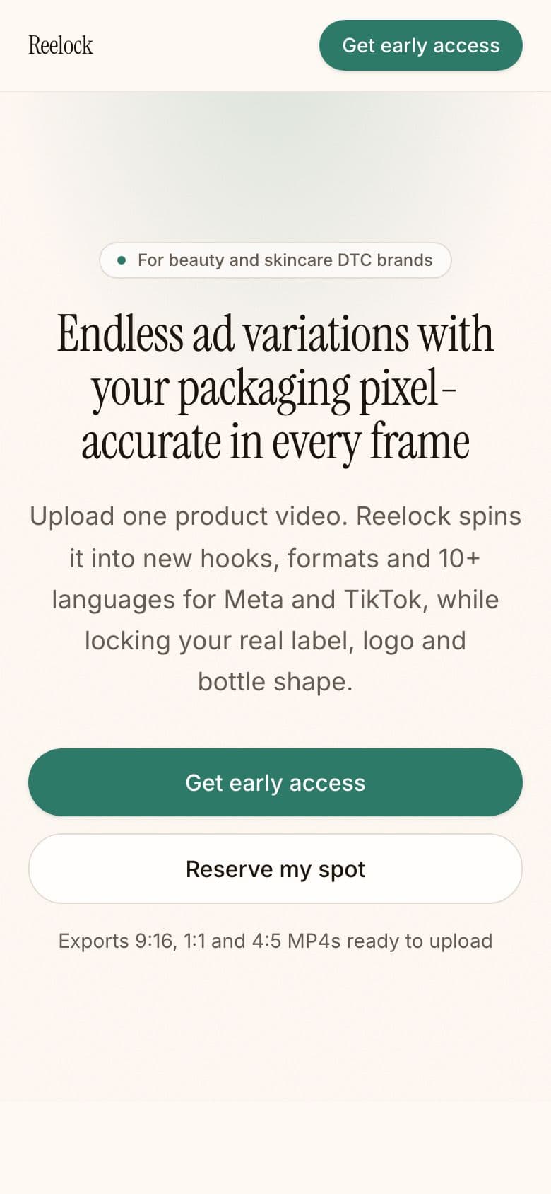 Reelock landing page example for the Ad Creative Volume Studio idea, phone