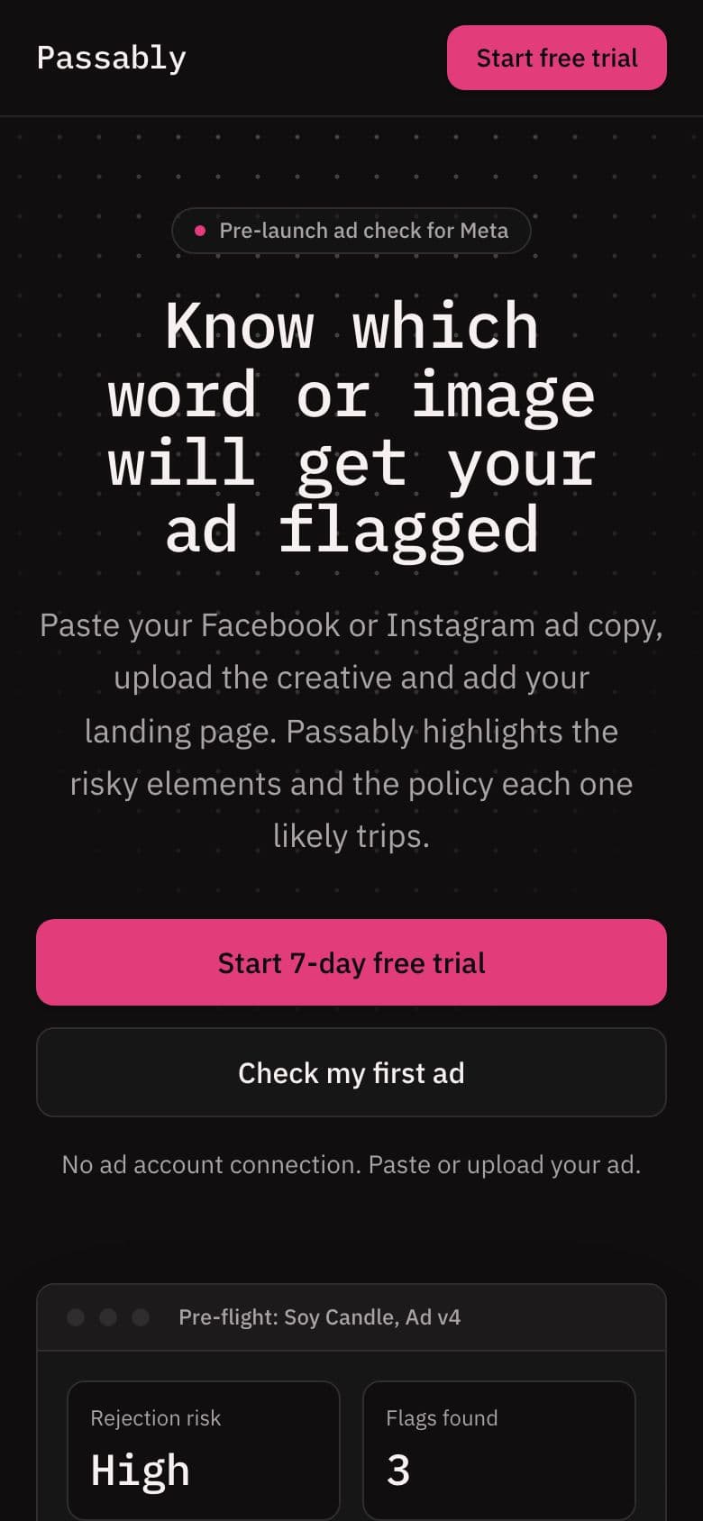 Passably landing page example for the Ad Policy Pre-Check idea, phone